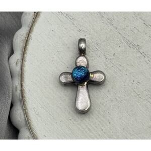 Han Sterling Silver 925 Blue Glitter Epoxy Cross Pendant 1.60G / 1in